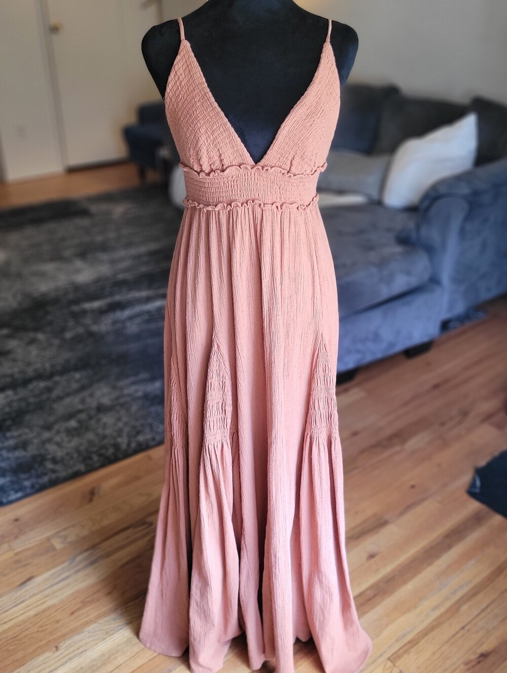 Free People Heat Haze Maxi dress Apricot Peach Brown V-Neck Smocked Size XS Boho - Picture 2 of 16